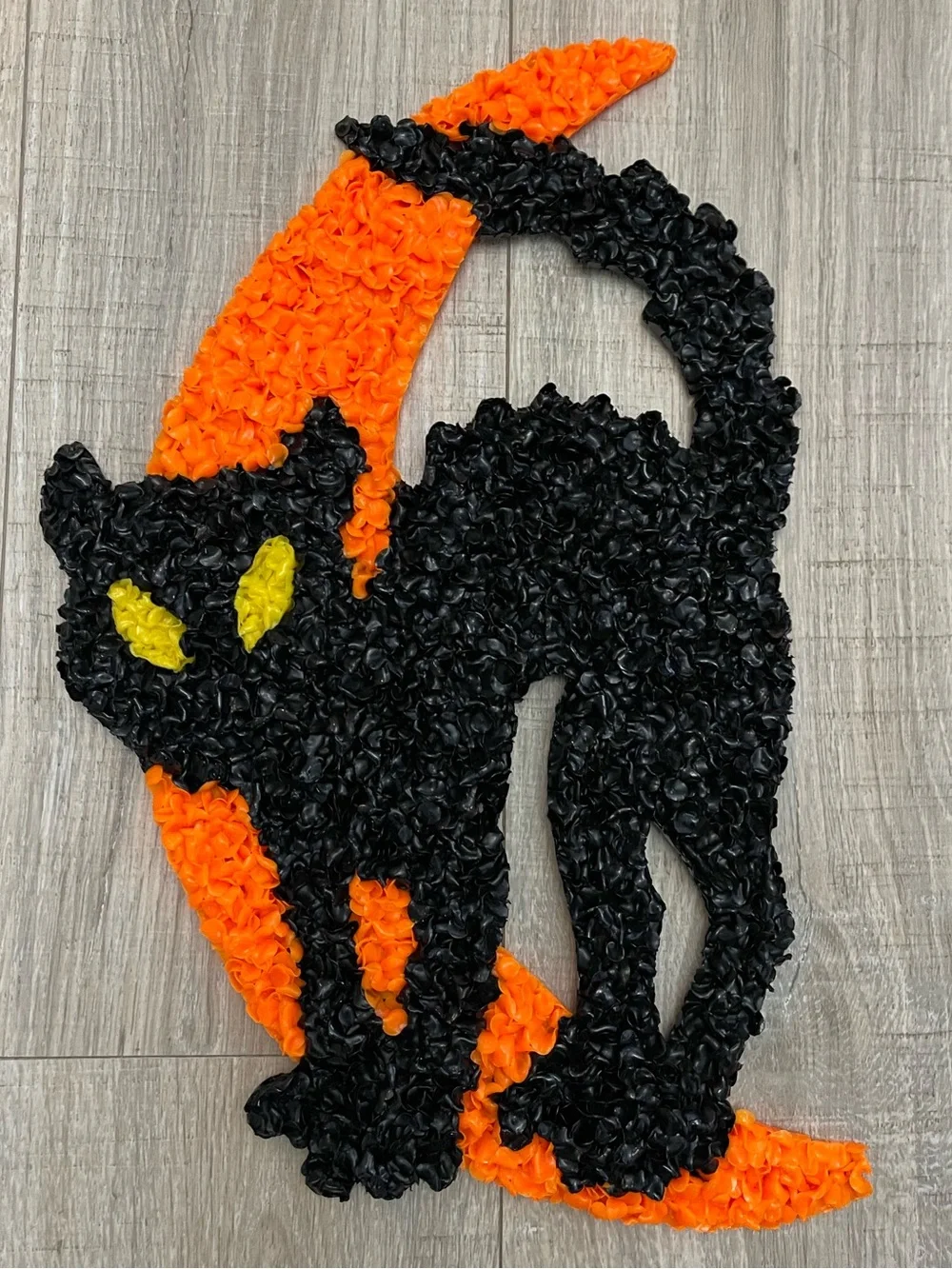Vtg 70s Melted Plastic Popcorn Halloween Decoration Black Cat on Crescent Moon
